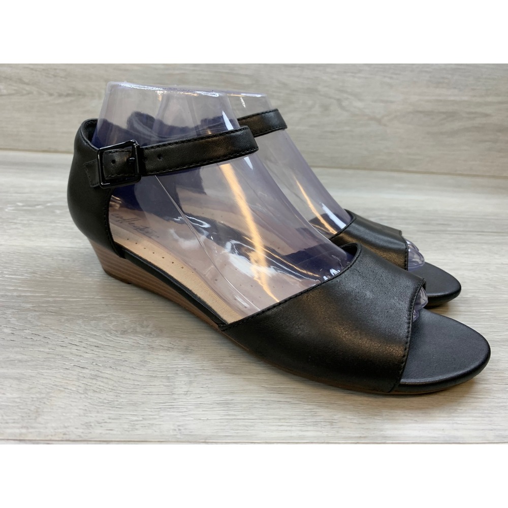 Clarks Black Leather Peep Toe Wedge Sandals Women's 8 Comfort Casual Shoes